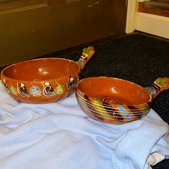 Mexican Tlaquepaque Nesting Bowls 2 Piece Set Redware Pottery Glazed Terra Cotta - Picture 7 of 15